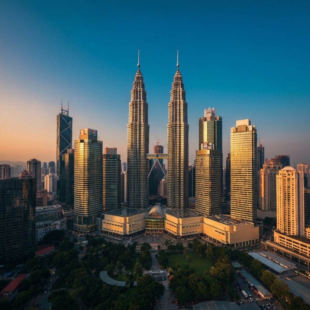 Kuala Lumpur KLCC skyline at golden hour with Petronas Twin Towers